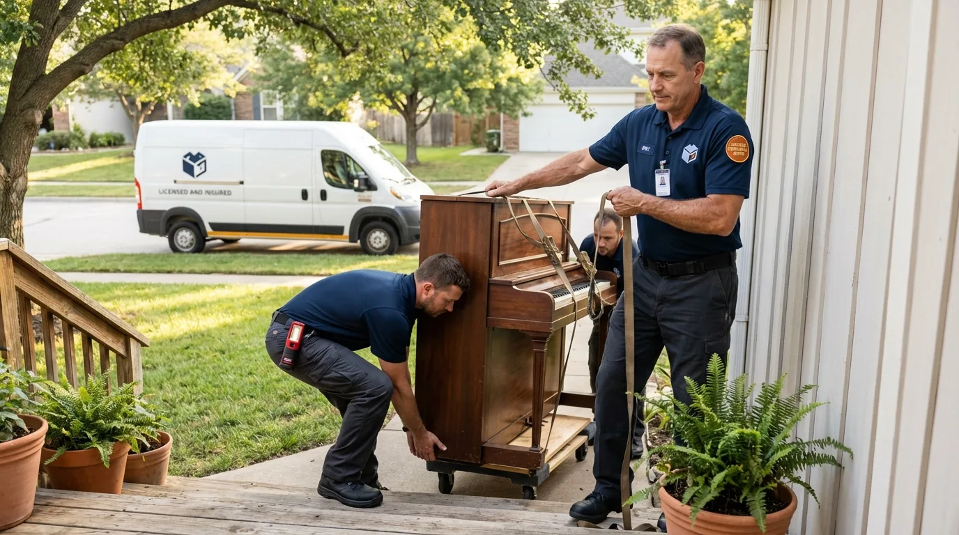 Licensed piano movers securing grand piano in Hawley, MN