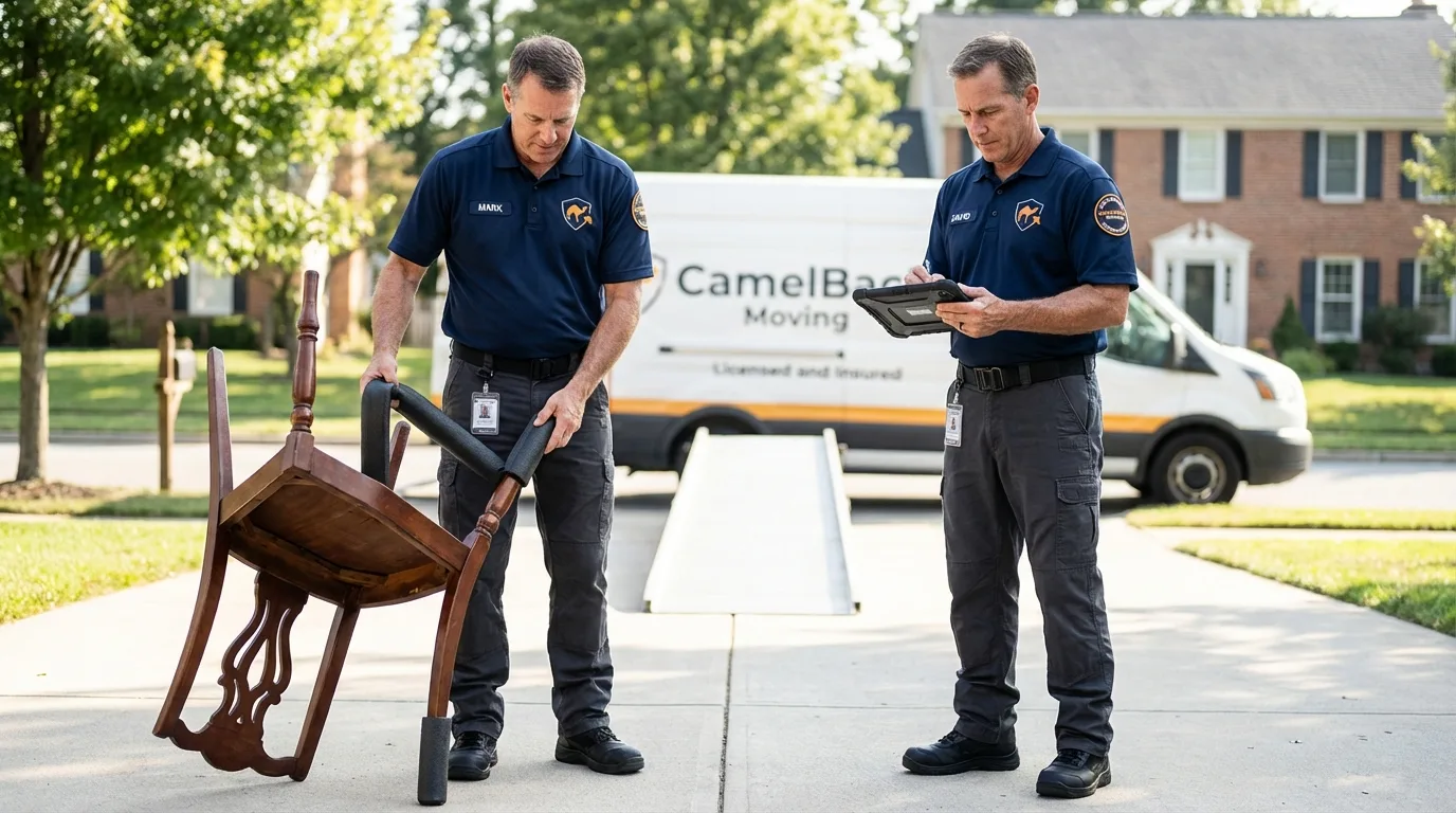 Movers inspecting furniture for damage prevention before loading in Hawley, MN
