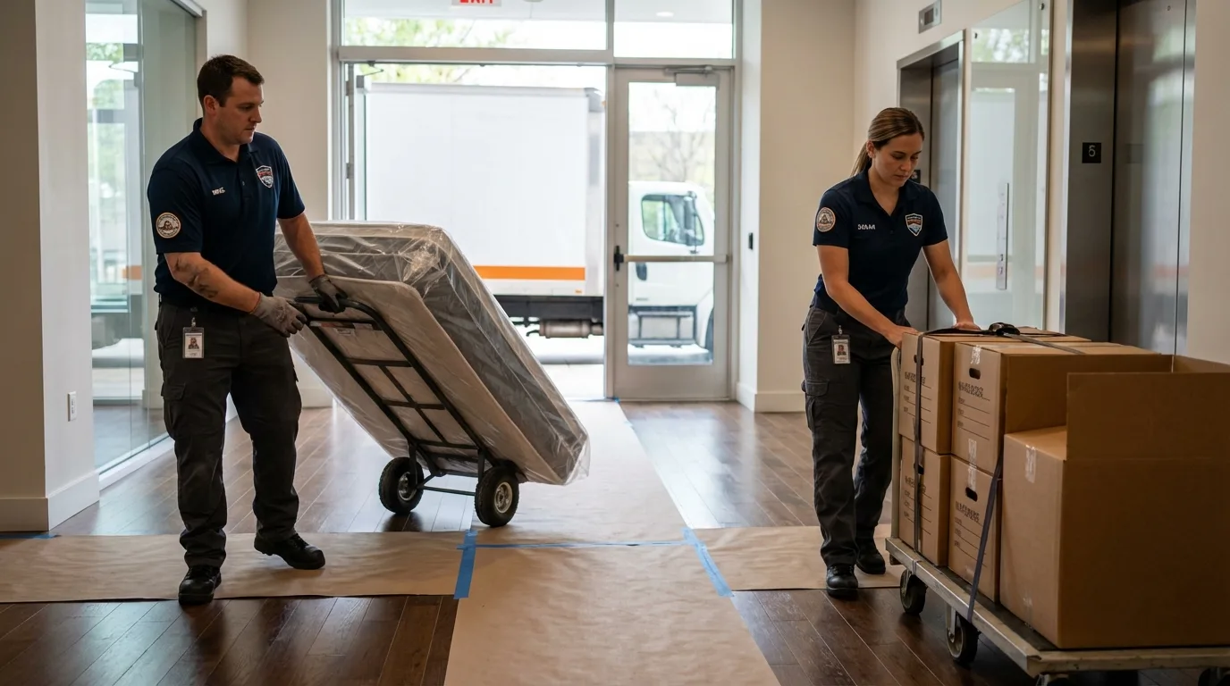 Professional apartment movers loading elevator in Hawley, MN