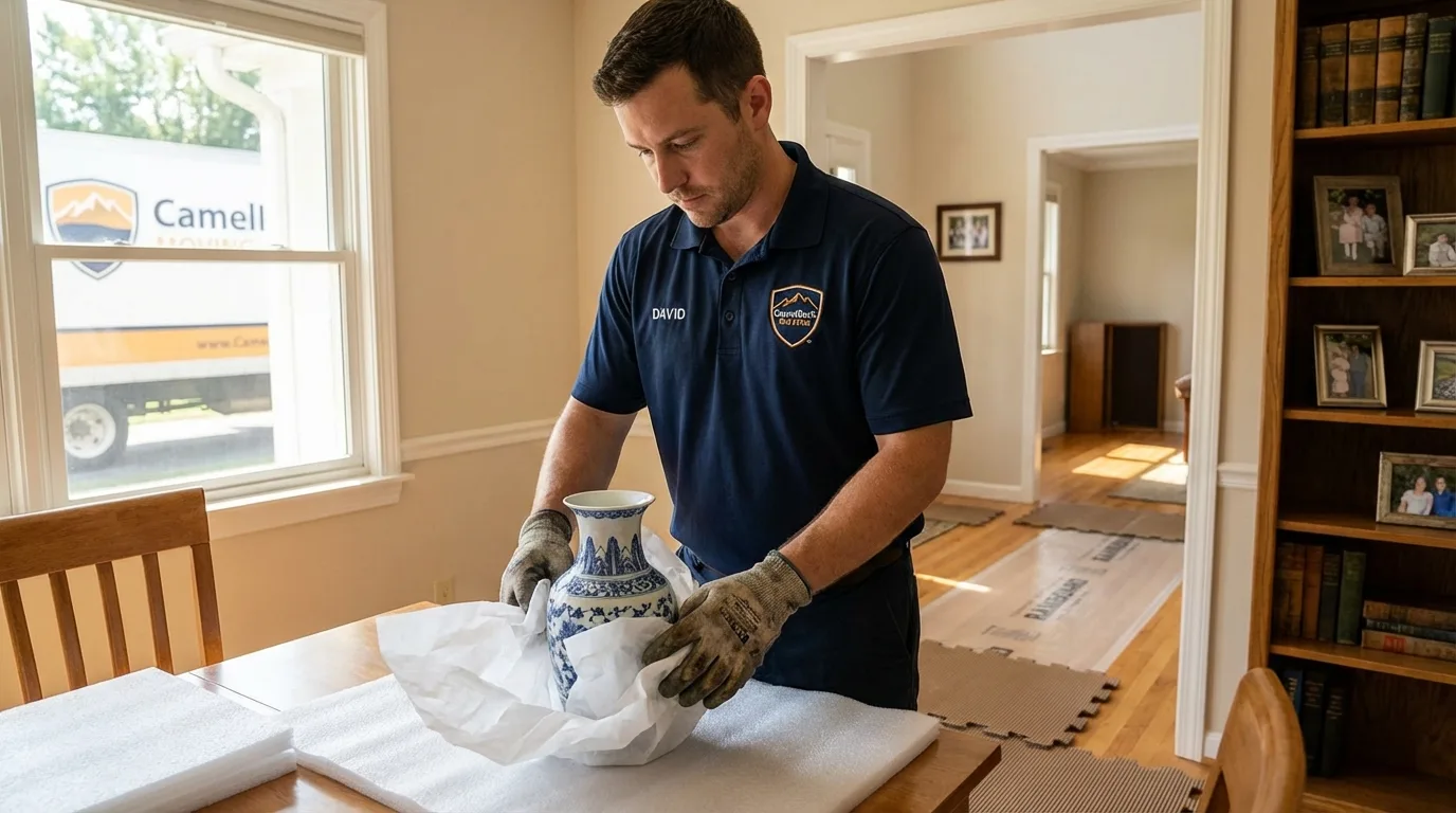 Professional crew carefully wrapping antique vase for senior downsizing move in Hawley, MN